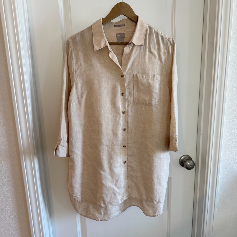 Chicos No Iron Linen Shirt sz 12/14 Tan Neutral Button Down 3/4 Sleeve Summer